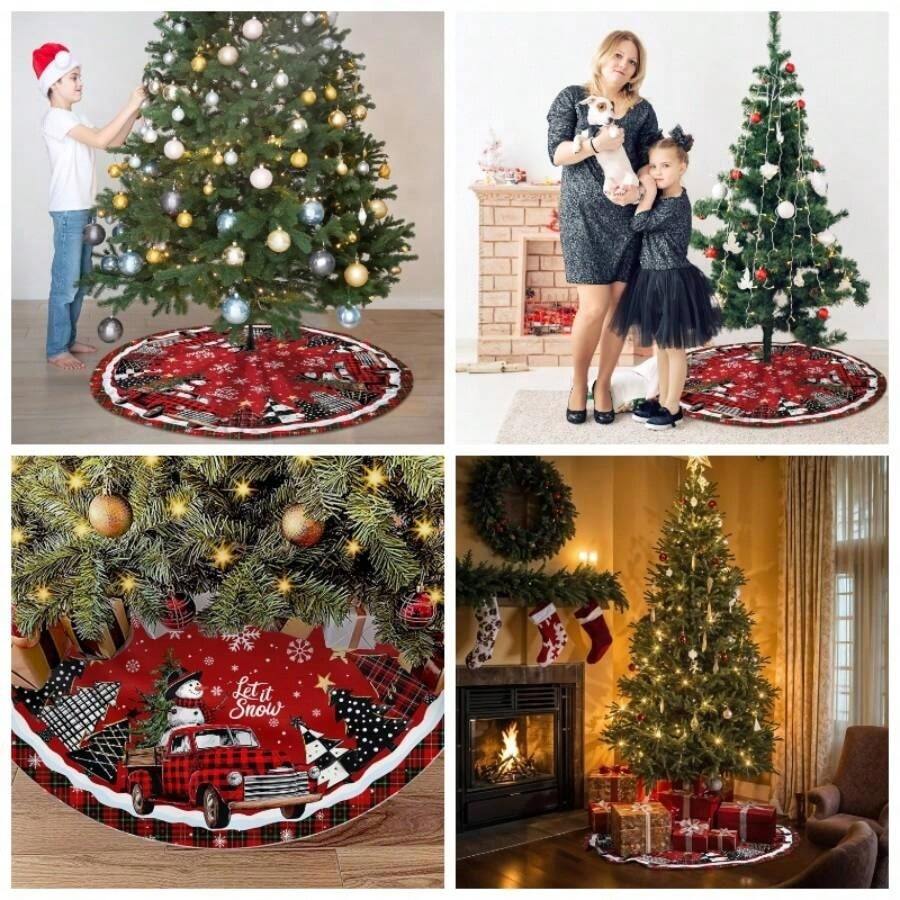 Tree Skirt 36 Inches, Red Truck Xmas Tree Skirt With Red Buffalo Plaid, Winter Tree Decorations Home Party Holiday Indoor Outdoor