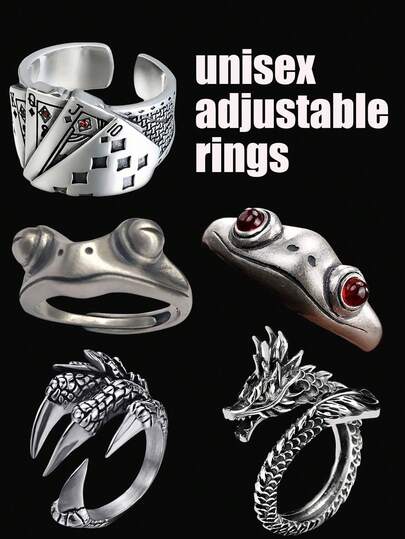 1-3 قطع خواتم حيوانات قديمة قابلة للتعديل من الفضة، على شكل ضفدع وثعبان وتنين وأشكال ورق اللعب، مجوهرات عصرية لحفلات للرجال والنساء