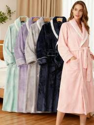 Roupão unissex de 1 peça, roupão longo de manga comprida e grosso, roupa de dormir macia com bolso, roupão estilo casal para outono e inverno, artigos de banheiro, roupão de banho