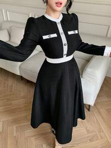 abyoxi 女士黑白撞色优雅圆领纽扣花瓣袖A字中长连衣裙，时尚休闲正式晚礼服，秋冬款 - 黑色 - 查看 3