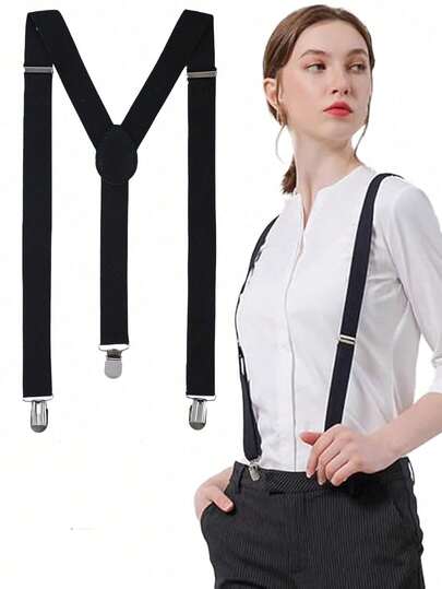 1pc Unisex Solid Color Suspenders, Elastic Adjustable Braces With 3 Clips