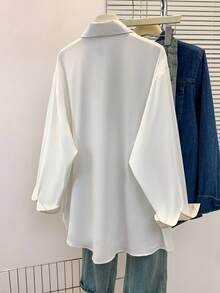 Elegant Women's Long Sleeve Button Up Shirt Blouse In Semi-Sheer White Polyester Featuring A Stylish Shirt Collar