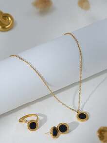 5 件欧美风格不锈钢手链、戒指、项链、耳环首饰套装，时尚日常佩戴 - 金色 - 查看 13