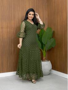 Women's Long Tulle Dress Lined With Cuff Sleeves Modest Fashion - 軍綠色 - 查看 5