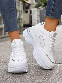 Plus Size Women's 35-42 Spring/Autumn New Chunky Sneakers, Mesh Breathable Platform High-Top Casual Shoes, Lightweight Versatile Fashion Sneakers, Lace-Up, White, Gold, Silver, Green, Casual Running Shoes