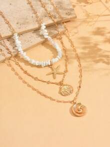 3 件套波西米亚风格合金海星和贝壳吊坠项链，绿松石串珠多层颈链，女士首饰，适合日常佩戴、海滩度假、约会和摄影 - 彩色 - 查看 3