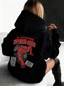 Sweat-shirt à capuche ajusté et chaud avec poches et cordon de serrage, Top de sport streetwear pour femmes en automne/hiver, pull en polaire imprimé de personnages de dessin animé, Sweat-shirt-shirt décontracté ample en coton, mode polyvalente, style gothique sombre, sexy Y2K, mignon et girly, pour la maison/le sport/l'école, vêtement d'extérieur doux et respirant, convenant pour les temps froids, Top à manches longues, Sweat-shirt-shirt col rond, tenue de vacances - Noir - Voir 2