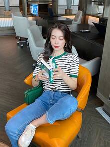 Top de rayas para mujer,Camiseta de punto con cuello redondo estampado,Camiseta de manga corta casual sencilla y versátil - Verde - Ver 8