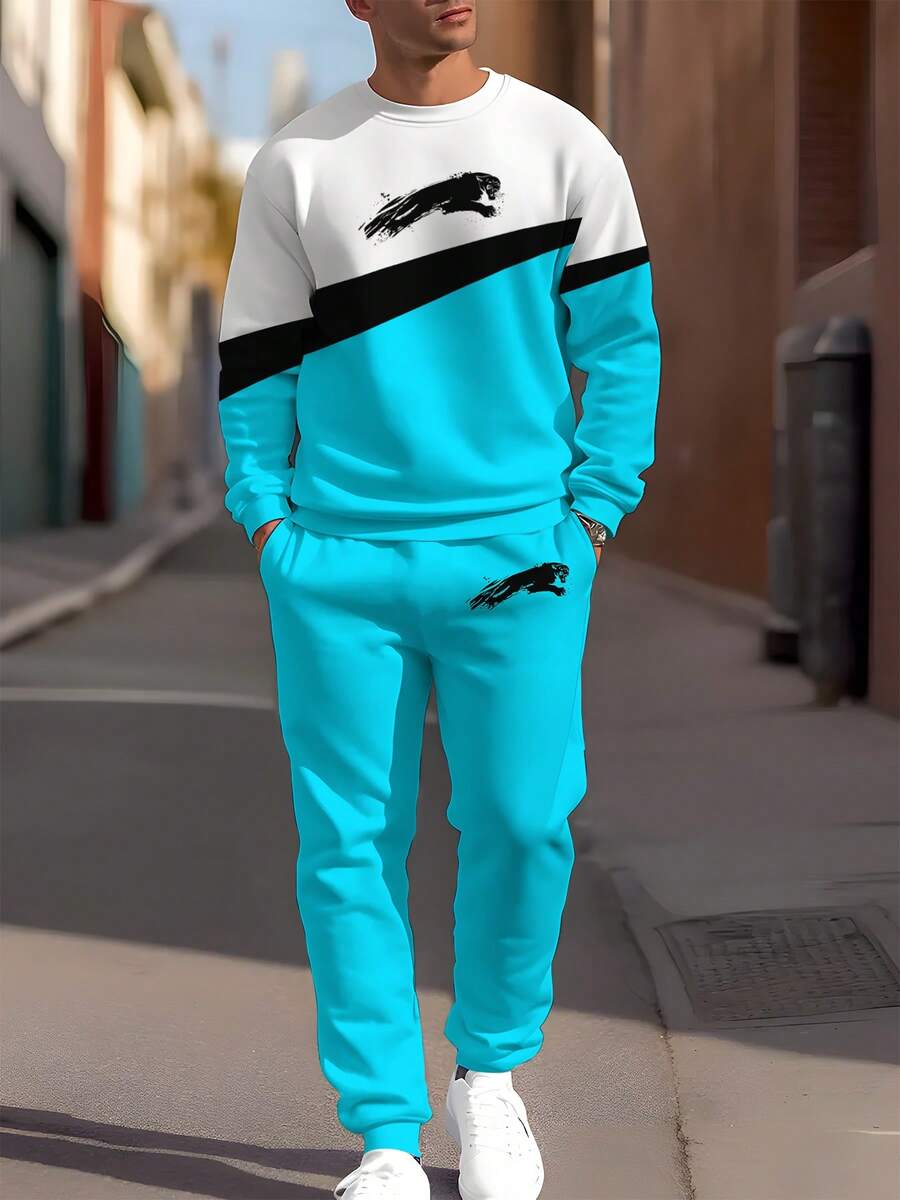 Conjunto de sudadera y pantalones de hombre con estampado de graffiti negro y parches, conjunto de sudadera minimalista personalizada de cuello redondo, adecuado para correr al aire libre, ejercicio, entretenimiento, cena, versátil sudadera de cuello redondo para hombre