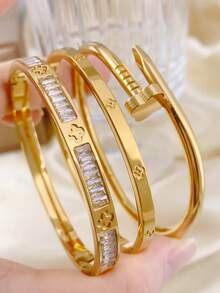 3pcs/1pc Fashion 18K Gold Plated Stainless Steel Four-Leaf Clover Nail Bracelet, Suitable For Women's Party, Daily Wear, European And American Style, Personalized, Generous, Luxury Cubic Zirconia Wristband, Wedding Jewelry Set, Gift For Girls, Women, Relatives, Friends, Beautiful Wedding, Birthday, Valentine's Day