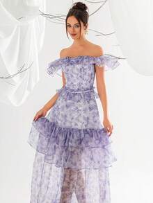 VIPGIRL Vestido de noche elegante de mujer con hombros descubiertos, volantes y malla - Morado - Ver 6