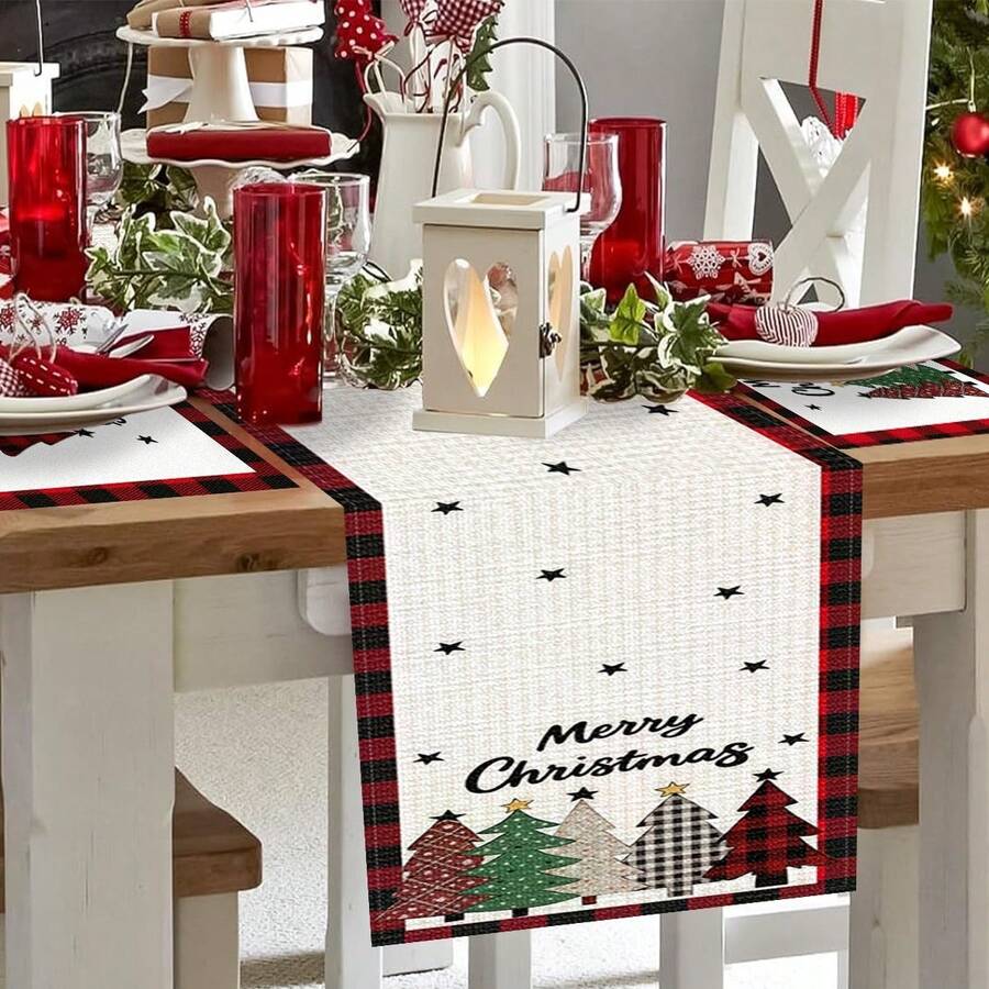1/25pcs Christmas Red, White & Black Plaid Bordered, Decorative Christmas Tree With Star Print Linen Table Runner, Suitable For Holiday Parties, Birthday Dinners, Kitchen & Dining Room Decor, Furniture & Home Textile Decoration. It Is A Multi-Purpose Home Decor Item Applicable For Various Seasons, Perfect For Party And Holiday Decorations, As Well As A Great Gift For Parents And Friends.
