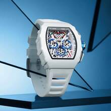 ONOLA Brand Chronograph Quartz Watch For Men Tonneau Dial Sport Waterproof Wristwatch Milk White Silicone Strap Auto Date Watch - 白色 - 查看 5