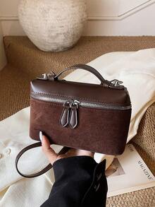 全新哑光拼布迷你手提包斜挎包手机袋，时尚通勤包 - 咖啡 - 查看 5