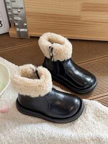 1 Pair 2025 Winter New Kids Waterproof Anti-Slip Faux Fur Snow Boots, Thick Thermal Lined Girls Winter Boots, Warm Leather Boys Boots, Fashionable Baby Boots