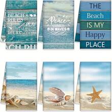 2/4/6/8/10/12 Pcs Coastal Beach Kitchen Towels - High Absorbency Microfiber, 15.75x23.62 Inch, Vibrant Coastal Designs With Sea Turtles, Shells & Beach Rules Quotes, Machine Washable For Bathroom, Kitchen Decor, Blue Coastal Theme, Playful Towel Design, Beach Towels