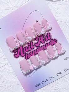 10片/套 手工鸭嘴美甲贴片，Y2K 酷炫风格，裸色和白色法式贴片，花卉、十字架、水钻图案，10片/包，3种尺寸，适合派对、婚礼、日常佩戴，包含工具包，是送给女性和女孩的绝佳礼物。 - 淺粉色 - 查看 3