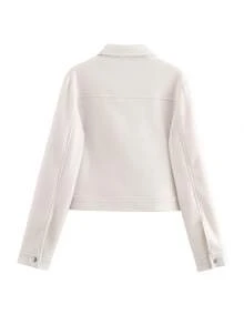 Chaqueta de tweed blanco para mujer con cremallera frontal y bolsillos, estilo de calle para otoño e invierno - Blanco - Ver 3