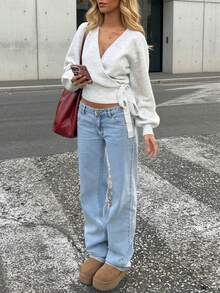 2025 Autunno/Inverno Maglione lavorato a maglia con laccio, Bianco, Essenziale per donna per casa, pendolarismo, appuntamenti, viaggi, adatto per varie occasioni, Grigio chiaro