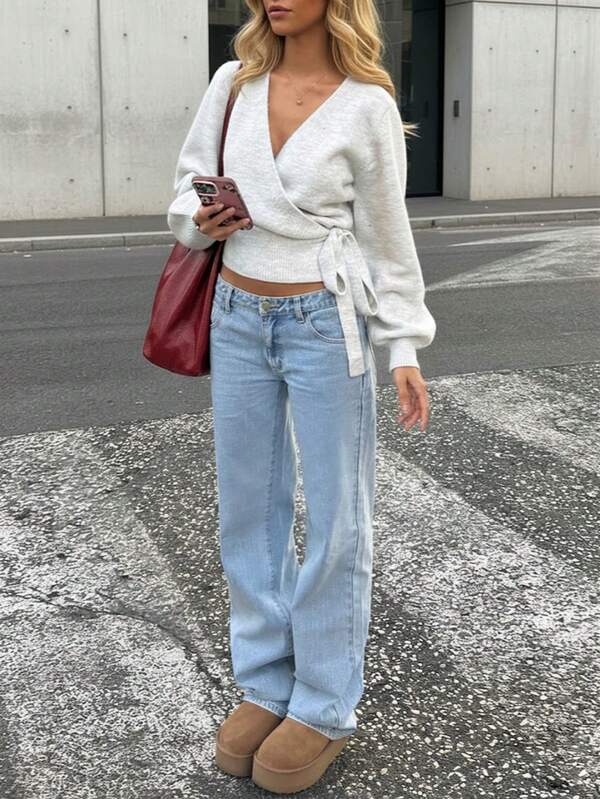 2025 Autumn/Winter Wrap Tie Knit Sweater, White, Women's Essential For Home, Commute, Date, Travel, Suitable For Various Occasions, Light Gray