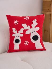 1 pieza Cojín decorativo de Navidad, Funda de cojín con diseño de reno y copos de nieve, Adecuado para sala de estar, dormitorio, decoración de 4 estaciones ¡Feliz Navidad!