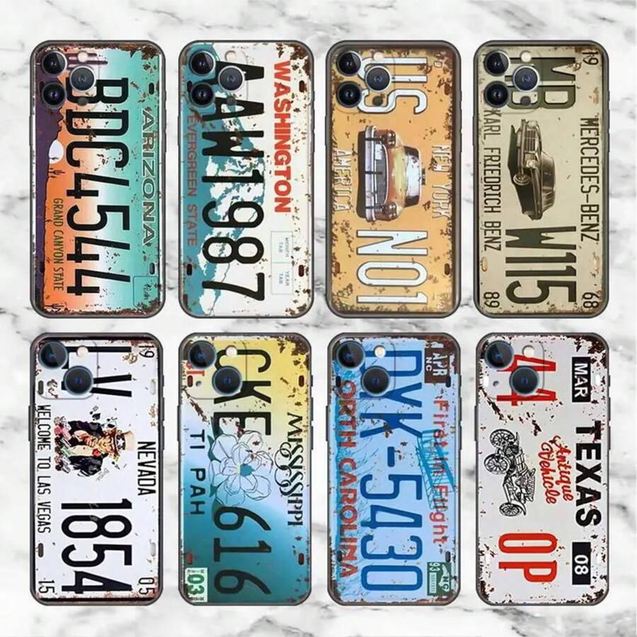 Funda de placa de matrícula retro compatible con Apple 11, 15, 13, 14 Pro Max, 12 Plus, X, 15 Pro, de silicona negra. Funda compatible con iPhone 17, 17 Pro, 17 Pro Max - UUAZA03 - Ver 1