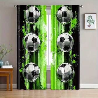 2pcs Modern Football Printed Semi-Sheer Curtains, Rod Pocket Polyester Curtains, Suitable For Bedroom, Office, Living Room - Machine Washable, Easy To Install, Durable Home Decor, 90-100gsm Knitted Woven