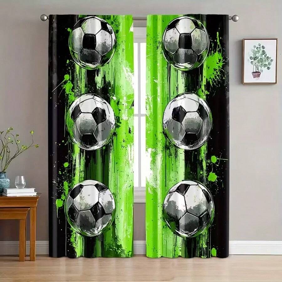 2 rèm cửa mỏng in hình bóng đá hiện đại, chất liệu giá cả phải chăng, rèm cửa polyester dạng túi, thích hợp cho phòng ngủ, văn phòng, phòng khách - Có thể giặt bằng máy, dễ lắp đặt, trang trí nhà bền, dệt kim 90-100gsm