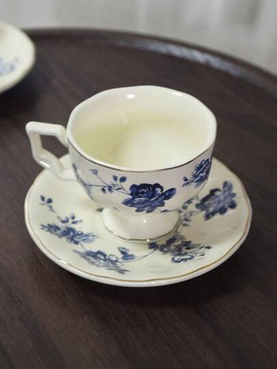 1pc 100ml Ceramic French Espresso Cup & Saucer, Afternoon Tea Coffee Cup, Elegant Ceramic Coffee Cup & Saucer, Vintage Afternoon Tea Flower Tea Set