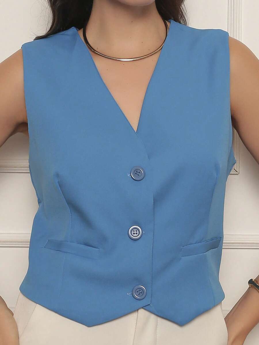 Short Tailored Vest With Fake Pocket - 水鴨藍 - 查看 1