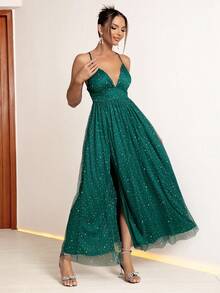 Women's Sequin Mesh High Slit Slip Dress - Dark Green - View 2