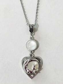 1pc Vintage Gothic Heart-Shaped Cat & Moon Pendant Necklace, Jewelry Gift Suitable For Women Everyday, Party, Travel
