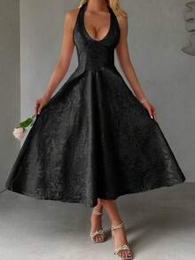 Unadoll Women's Winter Sexy Bareback Hanging Neck Collar Strap 3D Jacquard Fabric Elegant Dress, Suitable For Dinner, Date, School Start, Cocktail Party, Wedding Event, Christmas, Thanksgiving