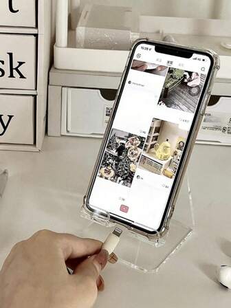1PC Minimalist Transparent Acrylic Phone Stand | Adjustable Desktop Holder For IPhone & Tablets, Desk Accessory. Clear Acrylic Phone Holder | Universal Desktop Stand For Phones & Tablets, Sleek Home & Office Supplies. Transparent Desktop Phone Stand - Acrylic Material | Compatible With All Smartphones, Minimalist Desk Organizer.