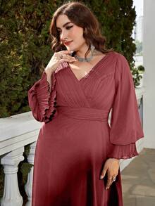 UNITHORSE Deep V-Neck Long Sleeve Pleated Chiffon Dress - Redwood - View 3