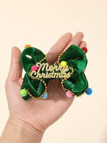 1pc Christmas Day Style Hair Bow Clips For Girls,Green Color Sparking Glitter Design Letter Decor Headdress,Bowknot Hair Clips Duck Clips Hair Accessories