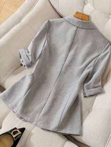 Áo khoác Blazer vải dệt màu xám thời trang dành cho nữ, có nút cài phía trước, tay dài, dáng dài thông thường, phù hợp cho mùa thu/đông - Xám - Xem 4