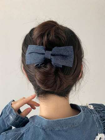 1 件新款高端韩国牛仔蝴蝶结字母夹布艺发夹，后脑勺鲨鱼马尾夹优雅爪夹冬季发饰时尚发夹