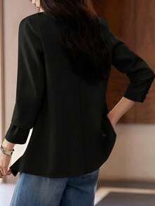 女士黑色梭织面料西装外套，长袖，前襟纽扣，常规长度，打造精致优雅的春季造型 - 黑色 - 查看 2