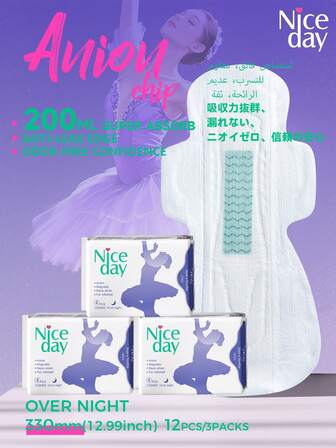 Niceday 330mm, 12 piezas/3 paquetes, Toallas sanitarias con iones negativos, Almohadillas extra largas para la noche, Forros menstruales ultra delgados, Toallas sanitarias suaves, Super absorbentes, Extra secos, A prueba de fugas, Transpirables, No irritantes, Cómodos para la zona íntima
