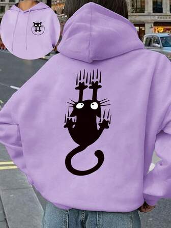 大码女式学院风小猫口袋黑猫图案连帽长袖休闲春夏秋季女式大码长袖连帽卫衣万圣节外出上衣女式度假装