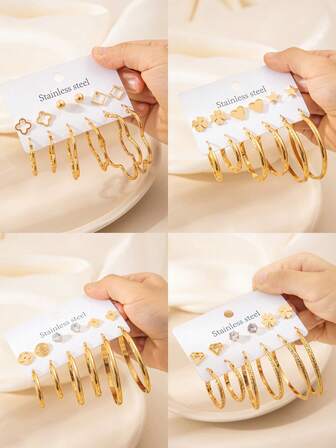 6 Pairs/Set Stylish Stainless Steel Gold Earrings Set For Women, Multi Element Four Leaf Flower Ear Stud Mixed Size Hoop Earrings, Jewelry For Daily, Party And Banquet Decoration