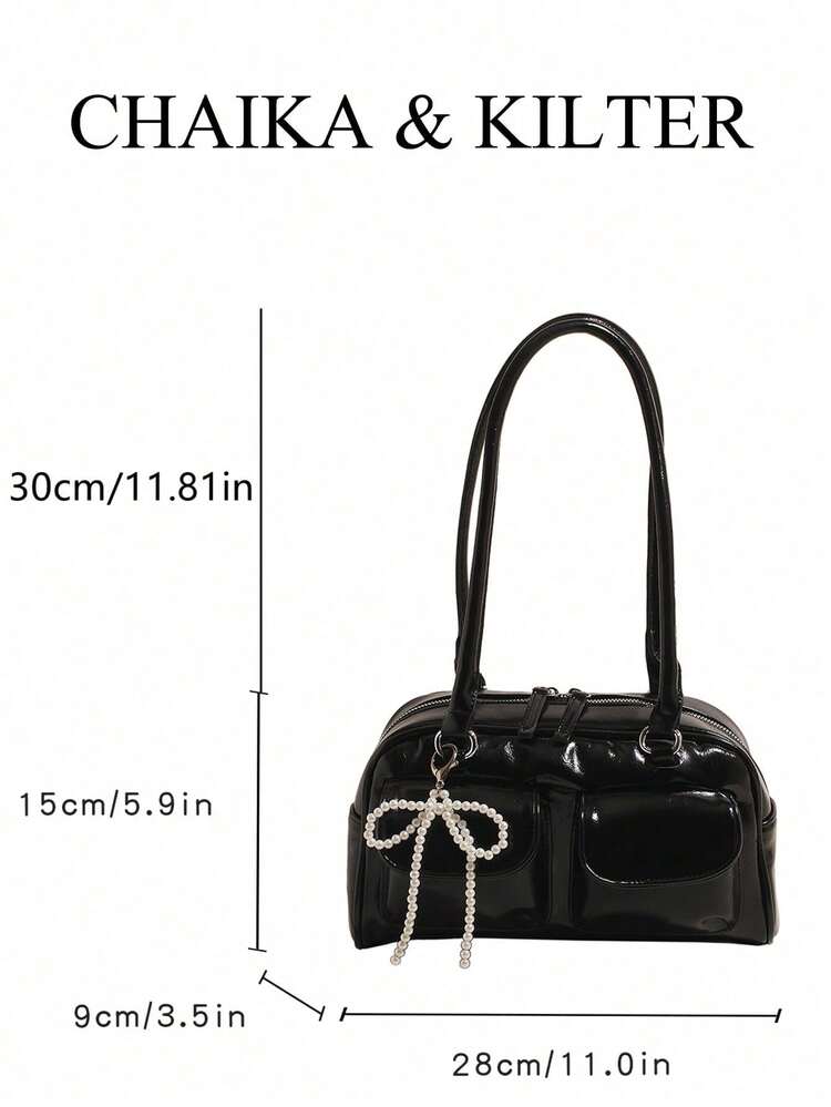 1pc CHAIKA & KILTER Solid Color Glossy PU Leather Shoulder Bag, Women's Fashion Multi-Pocket Large Capacity Boston Bowling Bag, Zipper Closure, Suitable For Daily And Outdoor Use (Sold With Pendant) - Black - View 2