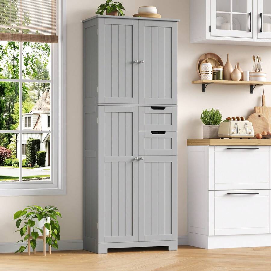 Tall Bathroom Cabinet, Tall Bathroom Cabinet With 4 Doors And 2 Drawers, Tall Kitchen Cabinet For Living Room, Kitchen, Dining Room, Office, 164.5 X 60 X 30 Cm, White - Xám - Xem 1