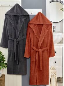 2-Piece 100% Cotton Unisex Bathrobe Set – Black & Green Color Options, Fluffy Hooded Robes For Women & Men, Terry Cloth, Soft With Long Belt – Ideal For Spa, Sauna & Daily Use – S/M & L/XL – Made In Turkey - màu đen - Xem 1
