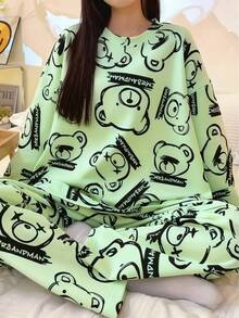 AICJ 两件套女士卡通熊印花休闲睡衣套装，长袖圆领上衣和长裤，舒适宽松版型，适合春、秋、冬家居服穿着。 - 綠色 - 查看 3