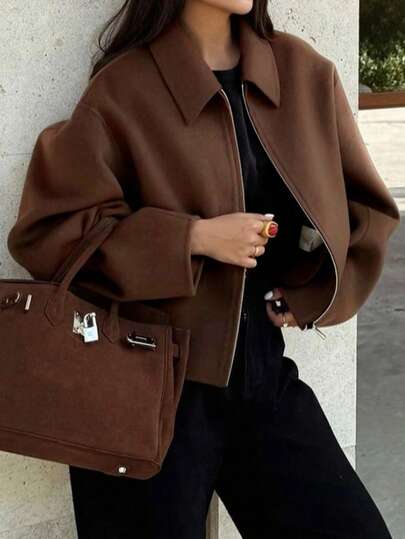 Chaqueta con bolsillo con cremallera de unicolor moderno, versátil y casual de moda retro para mujer, adecuada para uso diario y citas