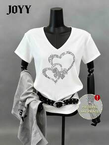 JOYY Heart Arrangement Print Blouse, Elegant V-Neck Short Sleeve Women's Graphic T-Shirt, Casual Everyday Wear, Suitable For Spring/Summer