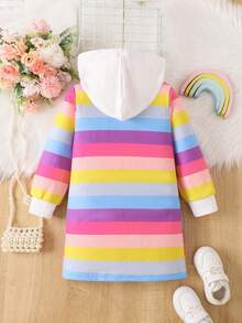 Girls' Rainbow Striped 3D Embellished Hooded Long Sleeve Knee-Length Sweatshirt Dress, Suitable For Spring/Autumn Holidays, Outdoor Activities, And Everyday Wear - Pink - View 3