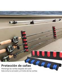 Porta Cañas de Pescar, Soporte para Caña de Pescar de Pared, Estante de Almacenamiento para Caña de Pescar, Estante para Caña de Pescar Montado en La pared, con Capacidad de 6 Cañas, Horizontal,Azul - Rojo - Ver 10